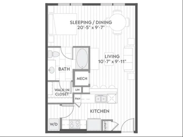 E1z floor plan, studio, 647 sq ft