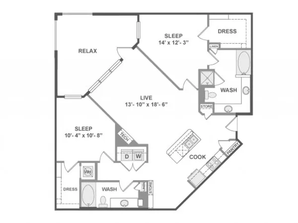 C6a floor plan, 2 bedroom, 1,288 sq ft