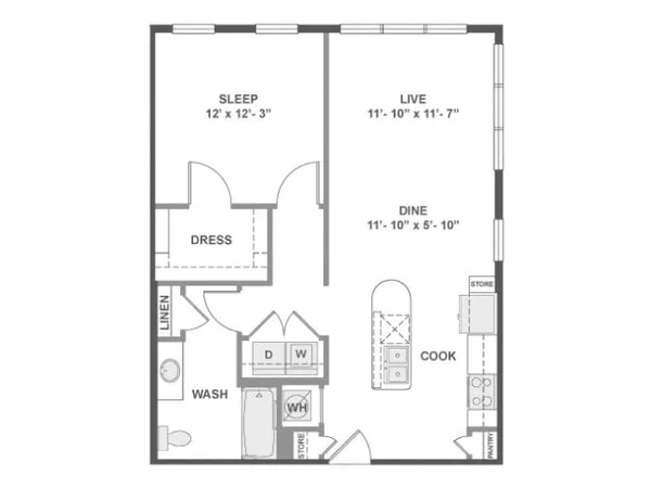 A3b floor plan, 1 bedroom, 783 sq ft