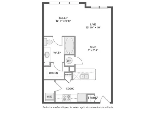 E1 floor plan, studio, 632 sq ft