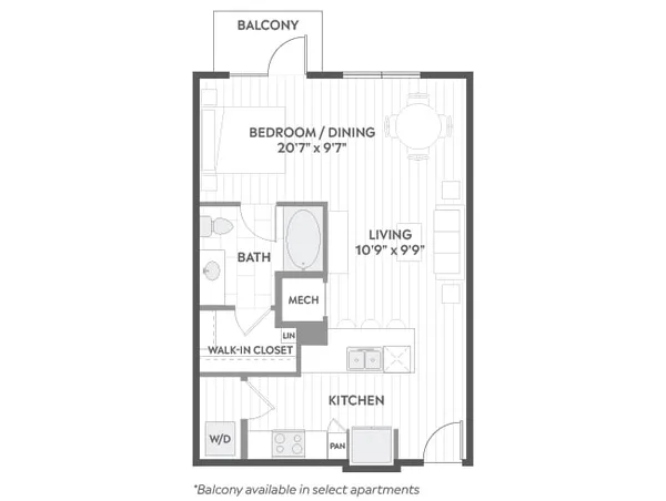 E2 floor plan, studio, 674 sq ft