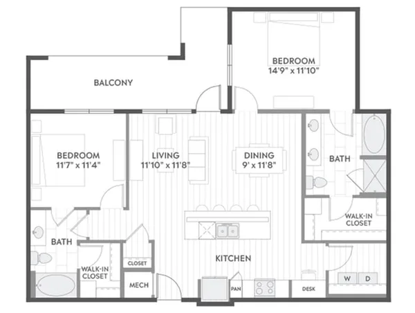 C6a floor plan, 2 bedroom, 1,214 sq ft