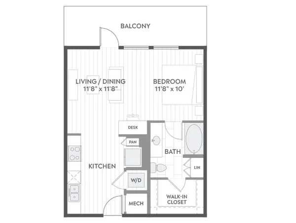 E1 floor plan, studio, 608 sq ft