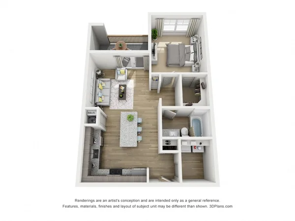 A1A-P floor plan, 1 bedroom, 672 sq ft