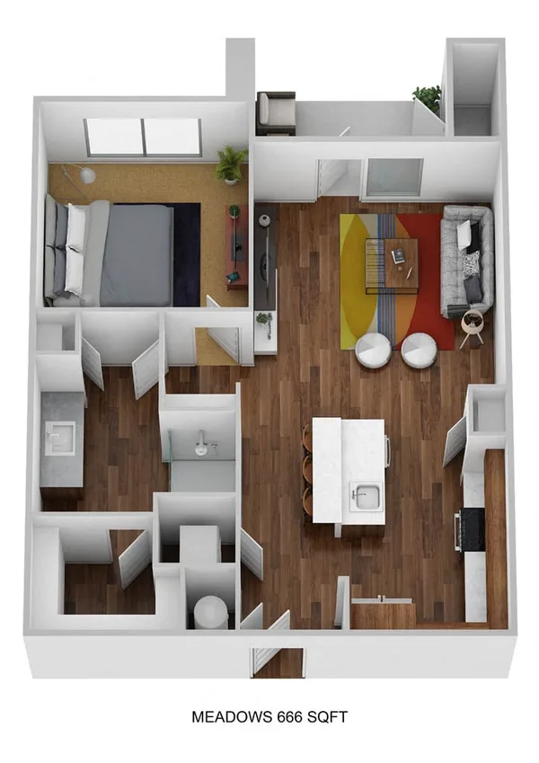 A1B-M floor plan, 1 bedroom, 666 sq ft