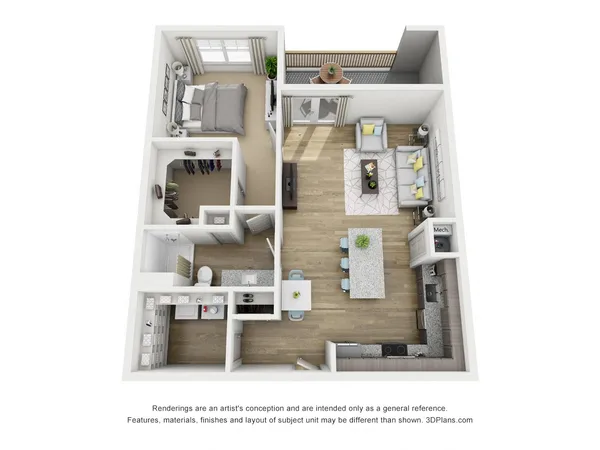 A1D-P floor plan, 1 bedroom, 843 sq ft