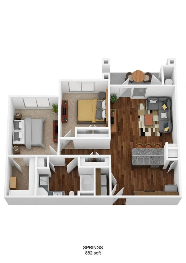 B1A-S floor plan, 2 bedroom, 882 sq ft