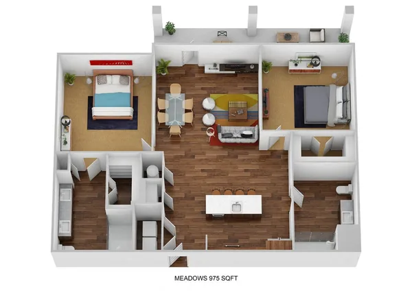 B2B-M floor plan, 2 bedroom, 975 sq ft