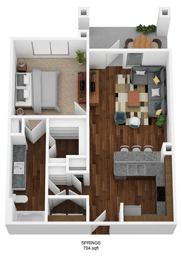 A1D-S floor plan, 1 bedroom, 704 sq ft
