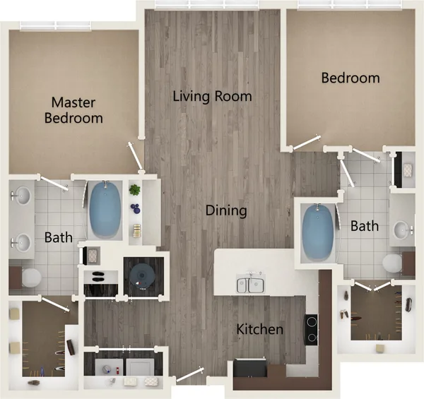 B2B floor plan, 2 bedroom, 1,097 sq ft