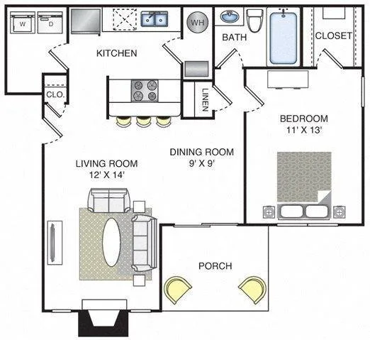 Rio 1 floor plan, 1 bedroom, 840 sq ft