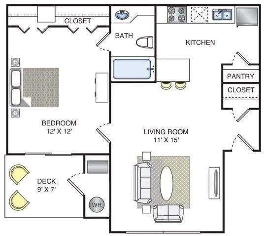 Lago floor plan, 1 bedroom, 610 sq ft