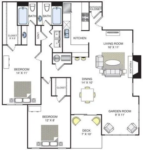 Canyon floor plan, 2 bedroom, 1,300 sq ft