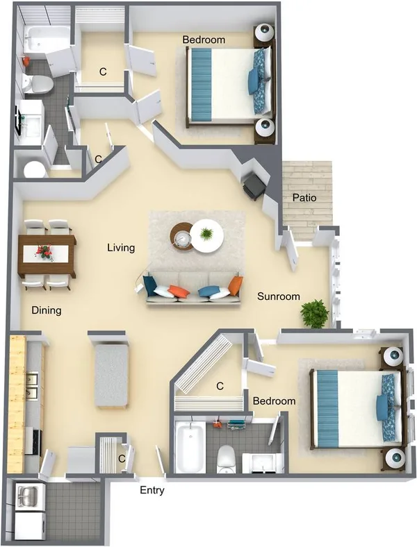 22BX floor plan, 2 bedroom, 1,325 sq ft