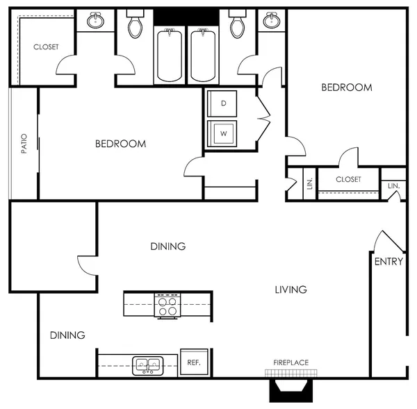 B3 floor plan, 2 bedroom, 1,254 sq ft