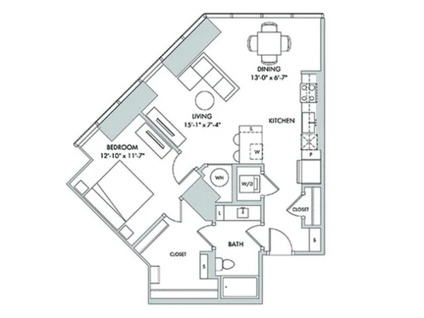 A5 floor plan, 1 bedroom, 988 sq ft
