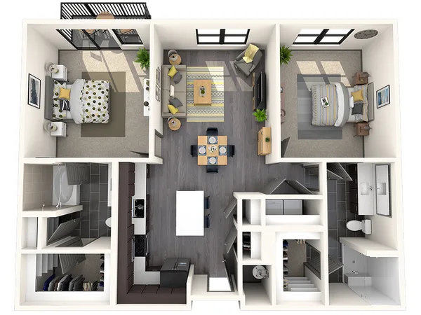 2B floor plan, 2 bedroom, 1,165 sq ft