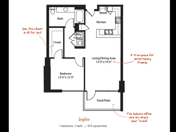 Joplin floor plan, 1 bedroom, 874 sq ft