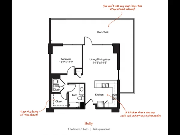 Holly floor plan, 1 bedroom, 746 sq ft