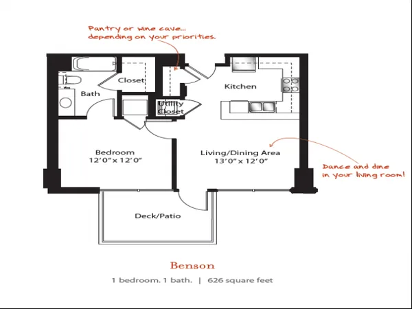 Benson floor plan, 1 bedroom, 626 sq ft