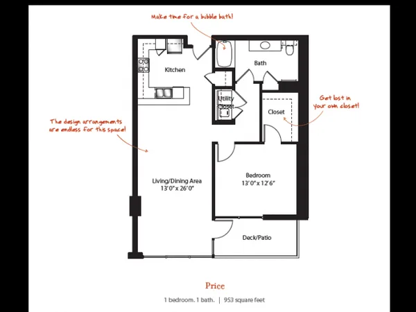 Price floor plan, 1 bedroom, 953 sq ft