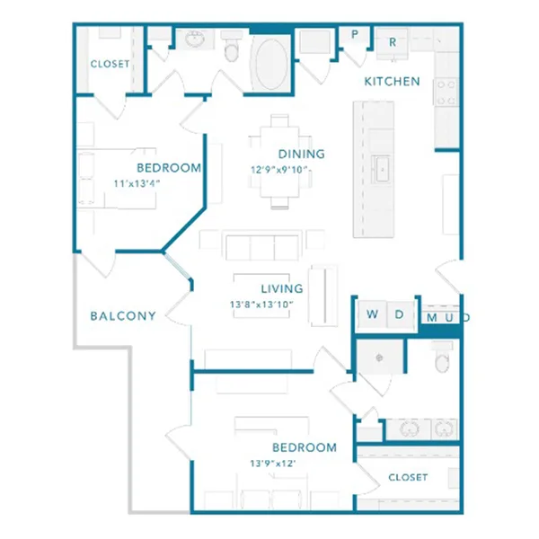 C2 floor plan, 2 bedroom, 1,303 sq ft