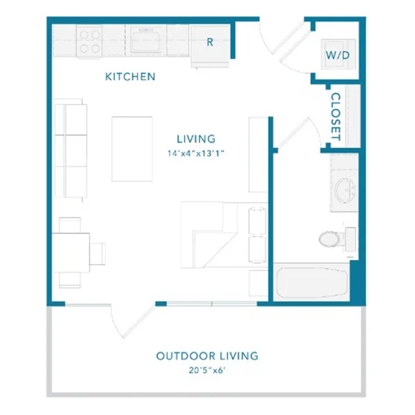 EF2 floor plan, studio, 400 sq ft