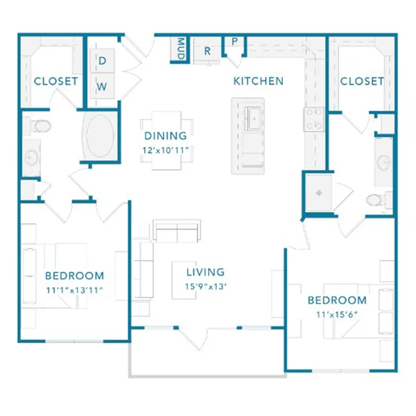 CA floor plan, 2 bedroom, 1,250 sq ft