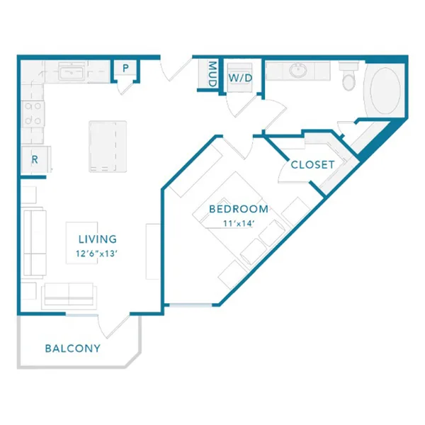 A3 floor plan, 1 bedroom, 715 sq ft