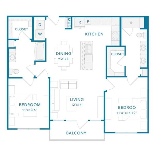 C1H floor plan, 2 bedroom, 1,250 sq ft