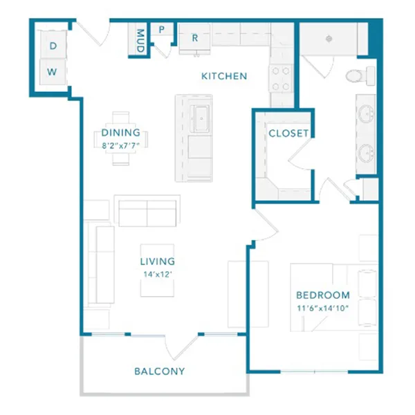 A6 floor plan, 1 bedroom