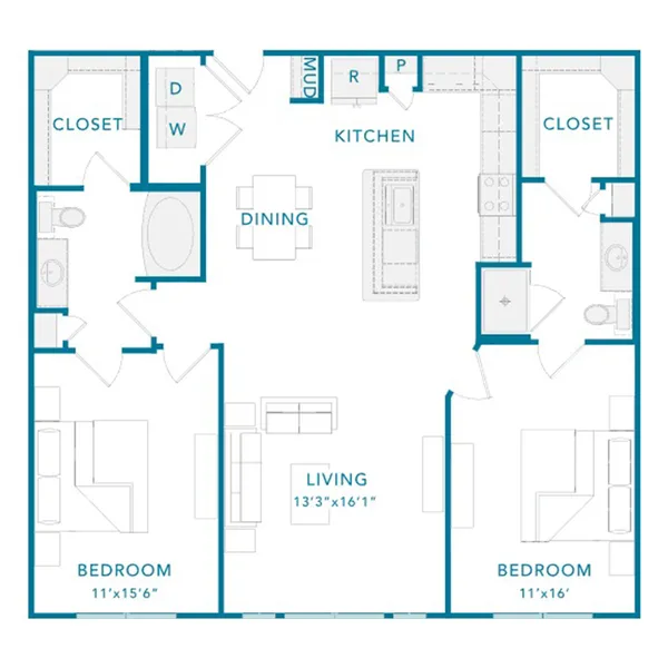 C floor plan, 2 bedroom, 1,236 sq ft
