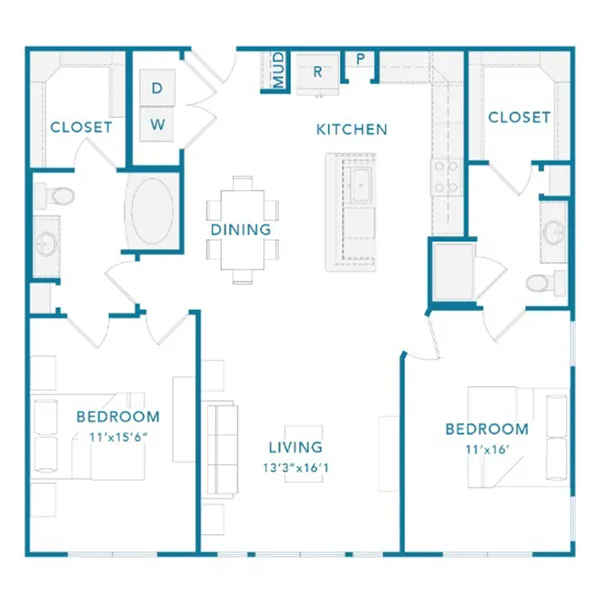 CW floor plan, 2 bedroom, 1,236 sq ft