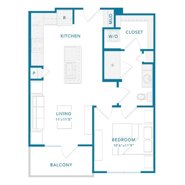 A1 floor plan, 1 bedroom, 598 sq ft
