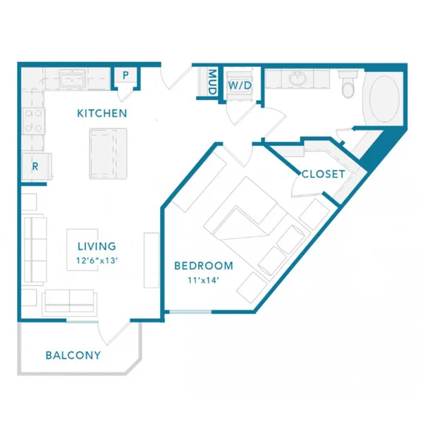 A3A floor plan, 1 bedroom, 747 sq ft