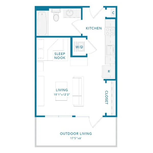 EF1 floor plan, studio, 400 sq ft