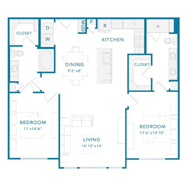 C1A floor plan, 2 bedroom