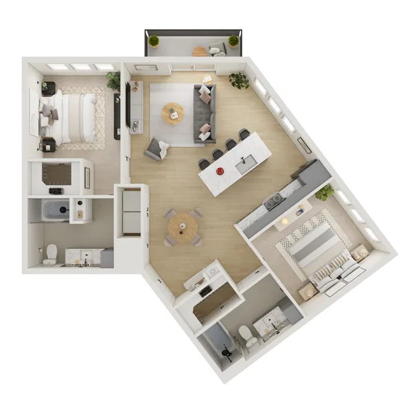 B3 floor plan, 2 bedroom, 1,053 sq ft