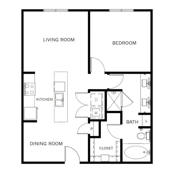 A1D floor plan, 1 bedroom, 828 sq ft