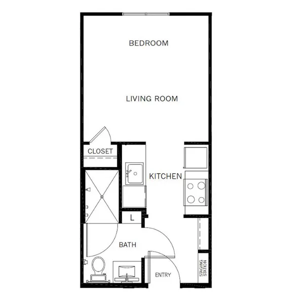 E1 floor plan, studio, 324 sq ft