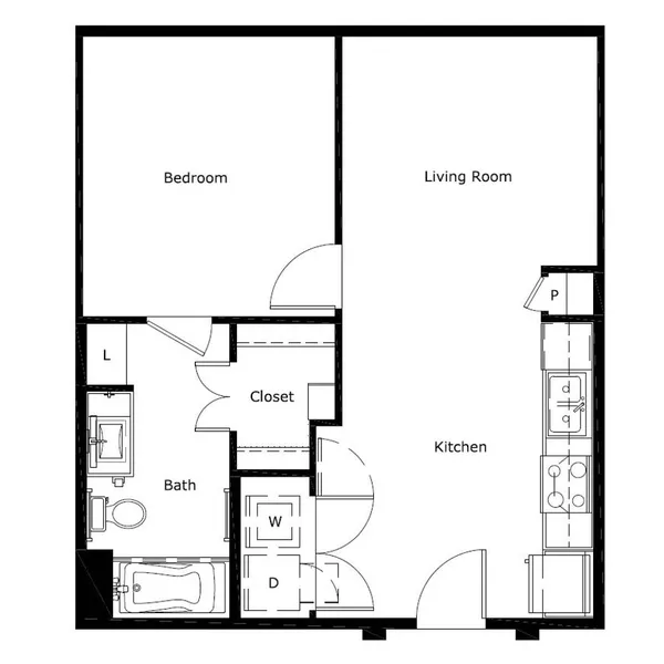 A floor plan, 1 bedroom, 604 sq ft