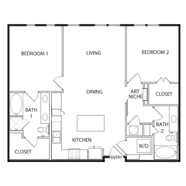 B3 floor plan, 2 bedroom, 1,142 sq ft