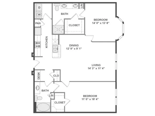 16-B3 floor plan, 2 bedroom, 1,236 sq ft
