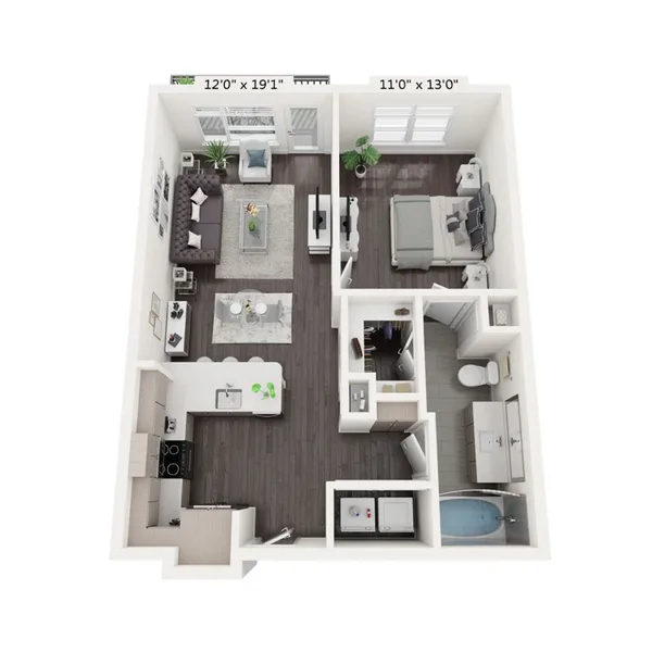A1 floor plan, 1 bedroom, 688 sq ft