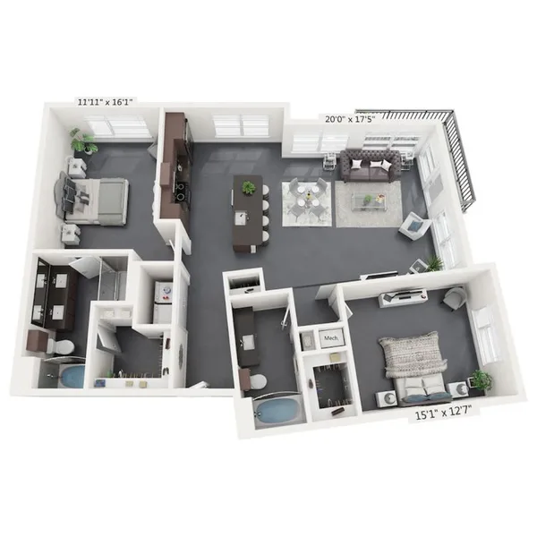 B2A floor plan, 2 bedroom, 1,412 sq ft