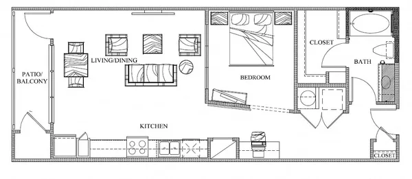 A6 floor plan, 1 bedroom, 729 sq ft