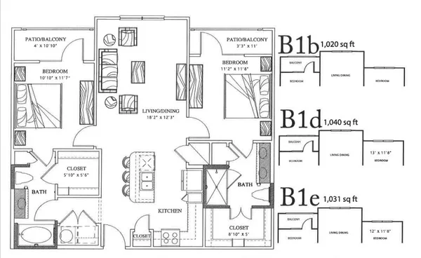 B1 floor plan, 2 bedroom, 1,020 sq ft