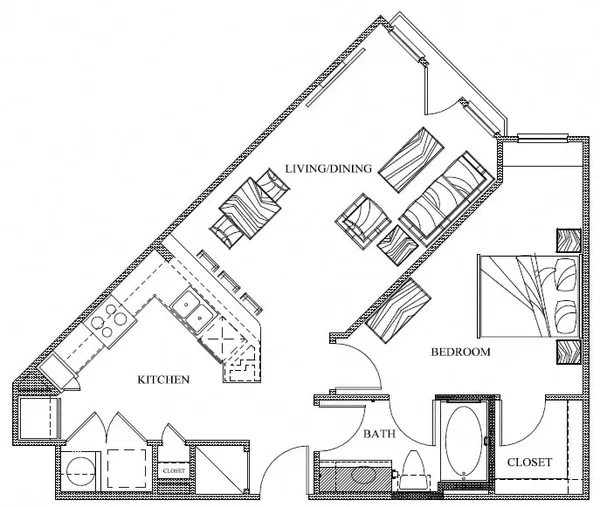 A2 floor plan, 1 bedroom, 733 sq ft