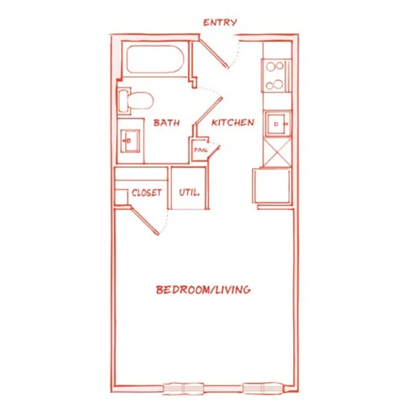 E0* - Phase II floor plan, studio, 463 sq ft