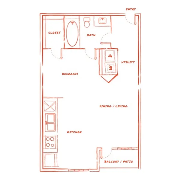 E1 - Phase II floor plan, studio, 579 sq ft